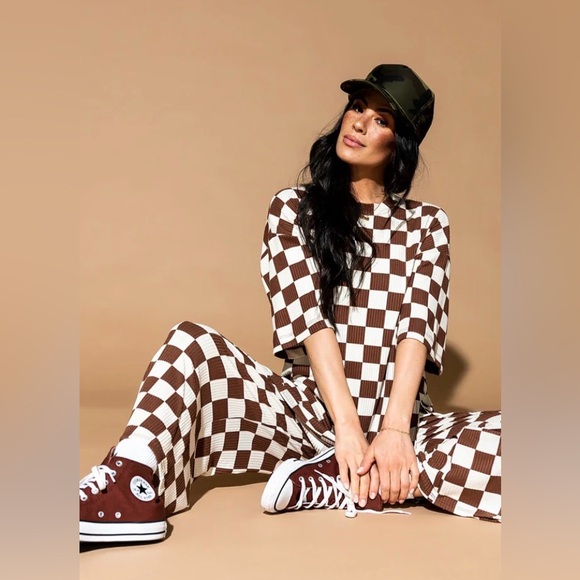 Lala Lex Ribbed Checkerboard Playsuit - Cookie Dough - Picture 2 of 13